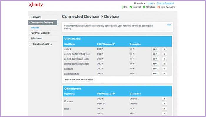 صفحه تنظیمات و مدریت وای فای مودم‌های Comcast Xfinity